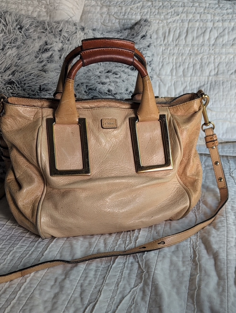 Chloe Beige Leather Bag with Leather Handles And Adjustable Arm Strap